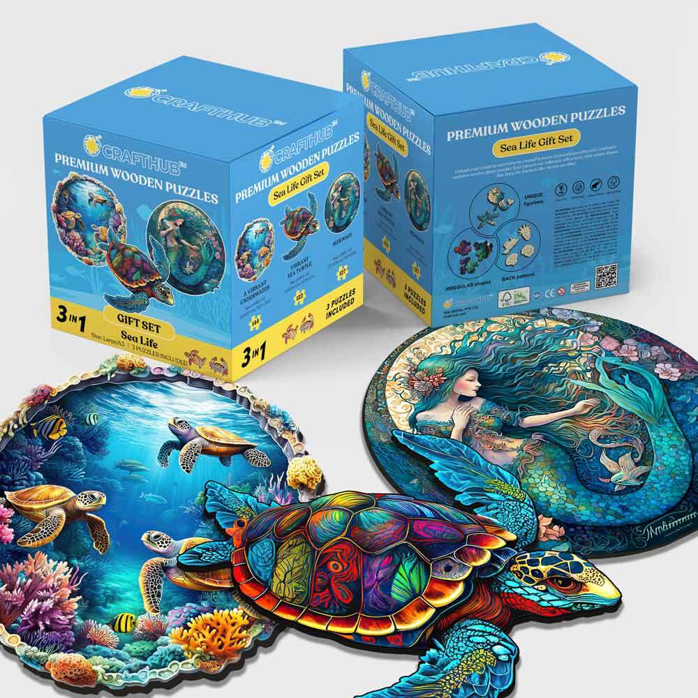 Animal Jigsaw Puzzle > Wooden Jigsaw Puzzle > Jigsaw Puzzle 3 x A3 Size L Wooden Jigsaw Puzzles + Gift Box 3-Pack Sea Life - Wooden Jigsaw Puzzle Gift Set